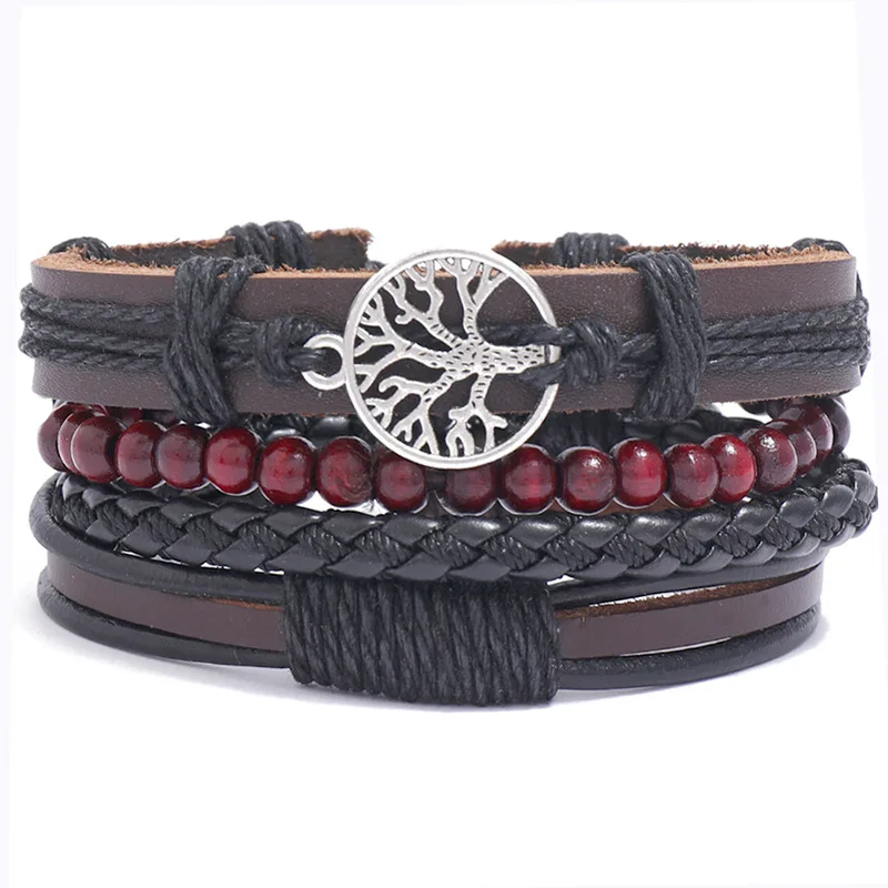 

Fashion New Jewelry Simple Wooden Beads Braided Leather Bracelet Diy Combination Set Happy Tree Hand Rope Bracelet For Men