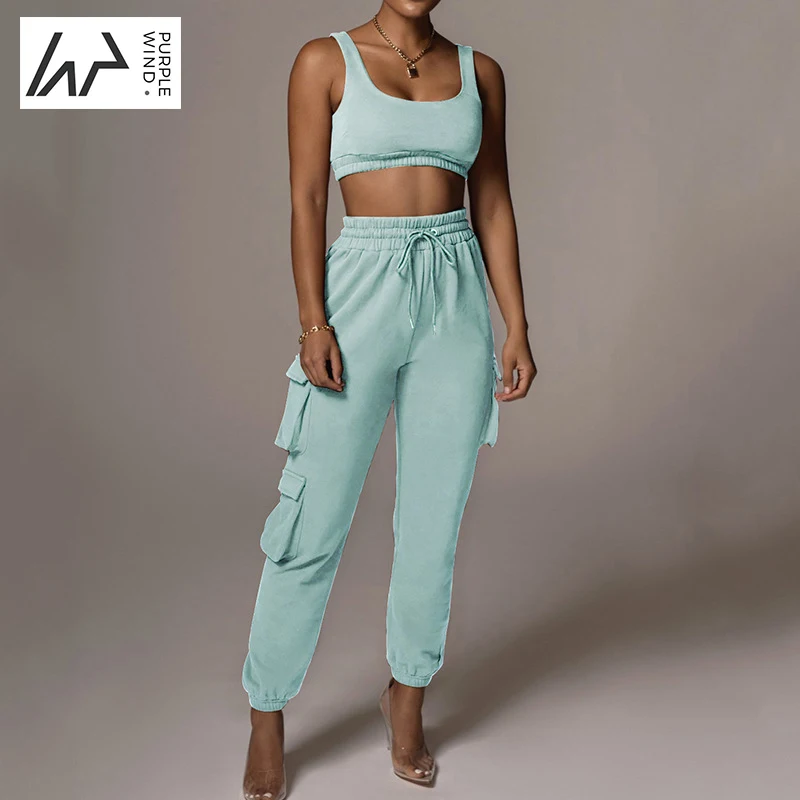 

Custom Logo Knit Two Piece Multi-pocket Women Clothing Jogger with Pockets and Crop Top Vest Set Tracksuits