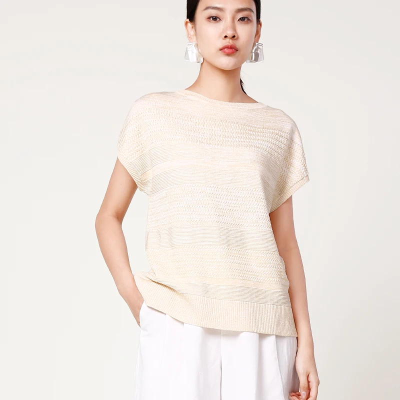 

Factory Price Ladies Casual Knitted Spring Summer Comfortable O-Neck Short Sleeve Beige Sweater Women