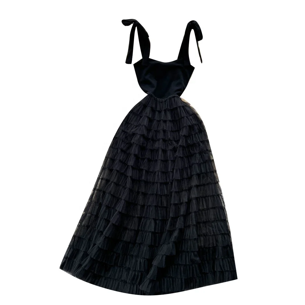 

2024 New Elegant Dress French Hepburn Style Black Strap Suspender Dress Fashion Solid Color Women's Vintage Dress Summer