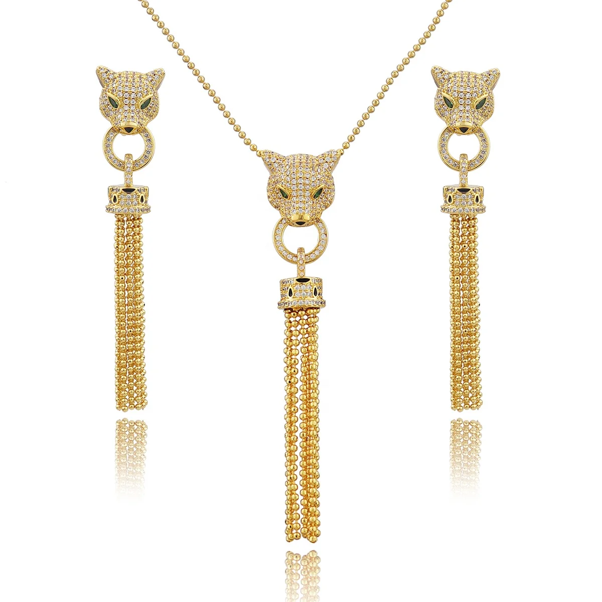 

Elegant fashion women jewelry luxury fox head tassel earring necklaces set zirconia 18k gold plated jewelry sets