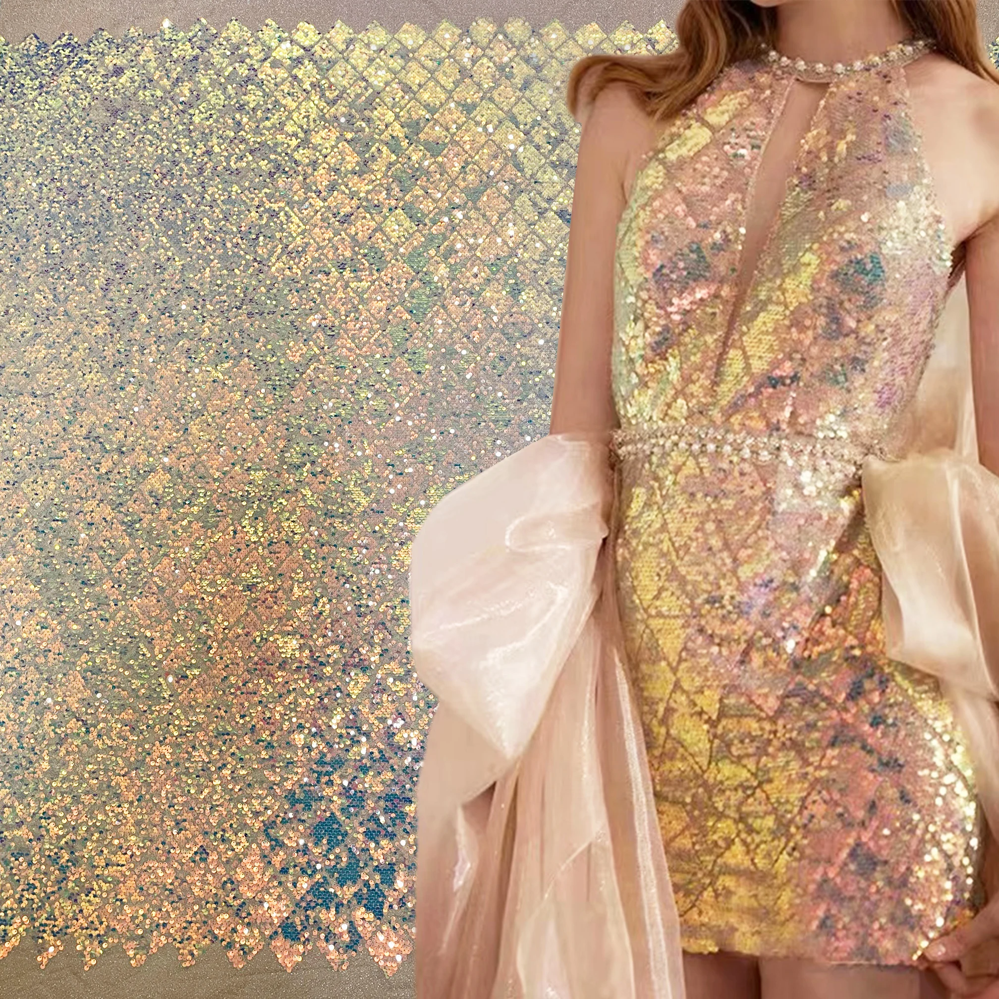 

Machine sewing Brilliant transparent ab sequin Metallic thread embroidered tulle lace fabric for party dress