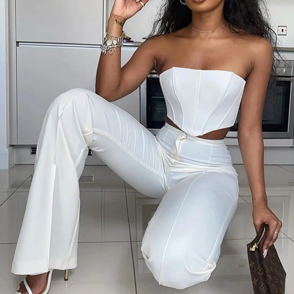 

Amazon INS Hot Sale Sexy Sets For Woman Wrapped Chest Backless Crop Vest High Waist Fashion Wide Leg Pants Women Two Piece Set