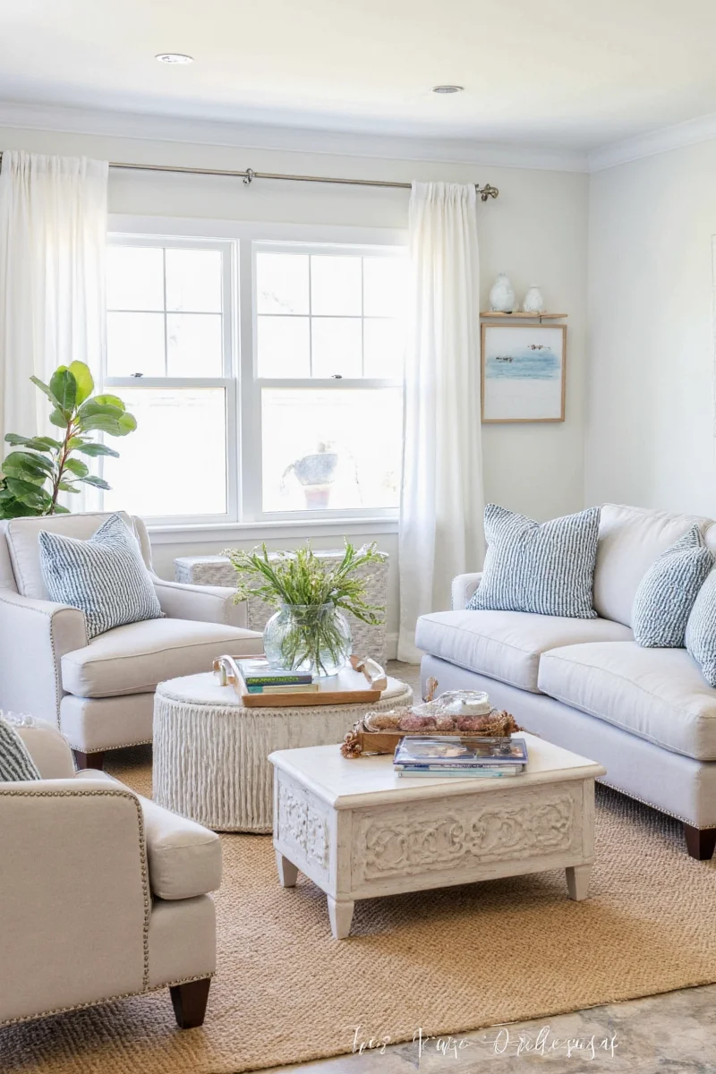 Coastal grandmother color palette chart with cream, beige, muted blue, and terra cotta tones.