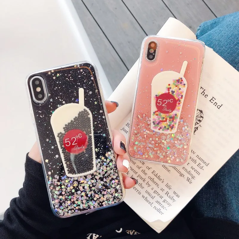 

3D Glitter Quicksand Coffee milk tea bottle soft Phone Case For iPhone 11 Pro XS Max XR X 6S 7 8 plus for samsung S8 S9 A50 S20