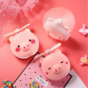 anime red pig beauty mirrors plastic led light mini handheld cosmetic travel pocket mirror with usb charging fan