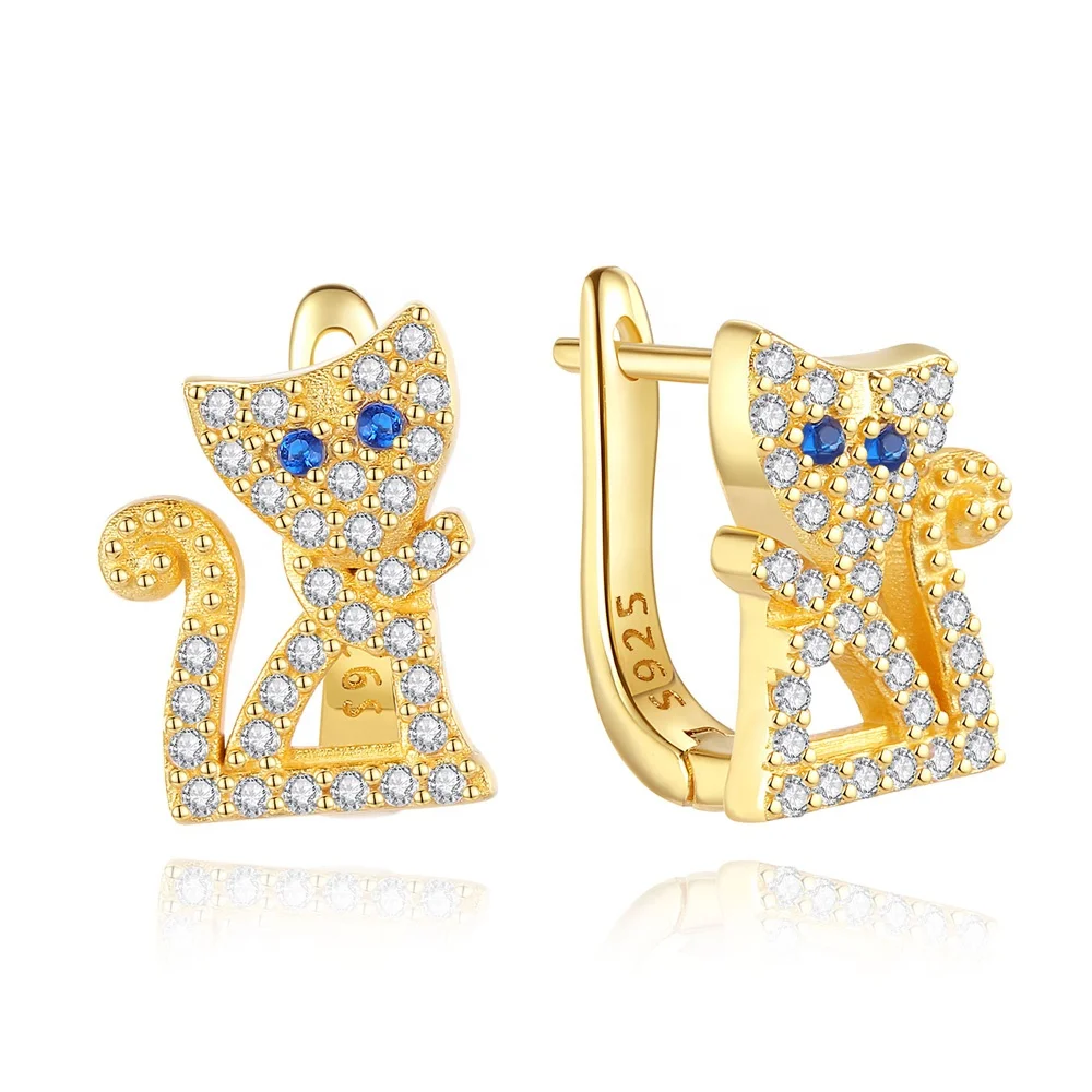 

Cubic Zirconia 925 Sterling Silver 18K Gold Plated Bling Unique Cute Animal Cat Stud Earrings for Women