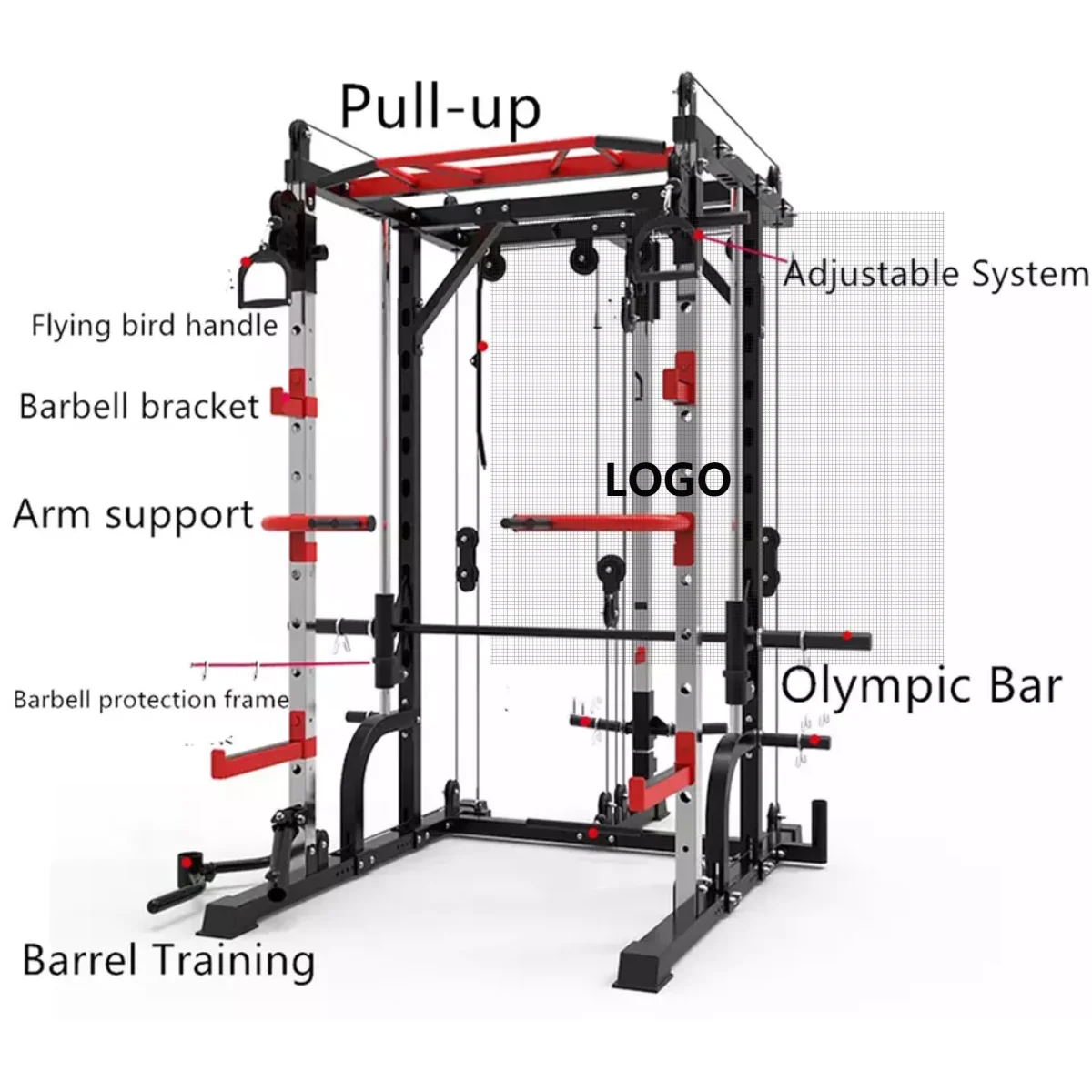 

Hot sale 2020 Body building Gym Fitness equipment Multi Functional Adjustable Squat Rack Smith Machine power rack, Black+red