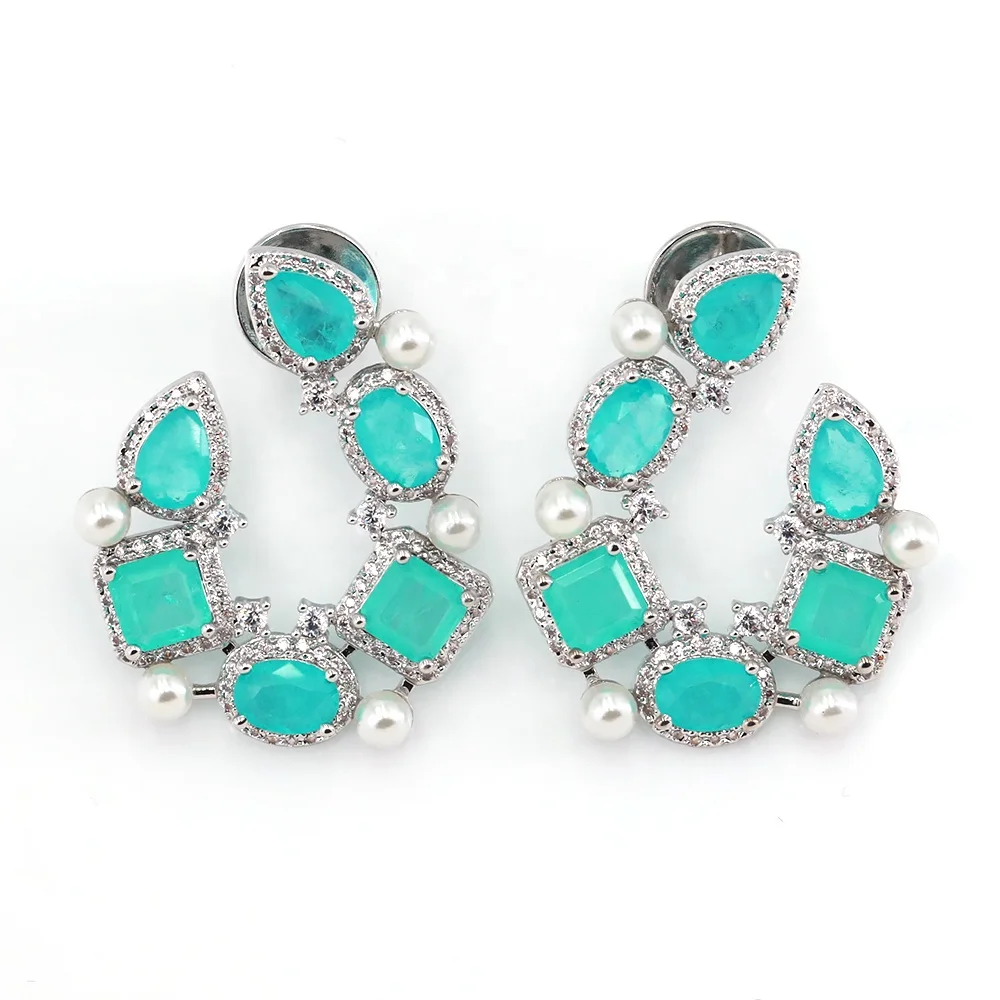 

Luxury fashion women earrings brinco coated white gold sets pearl & glass stone fusion paraiba tourmaline semi joyeria