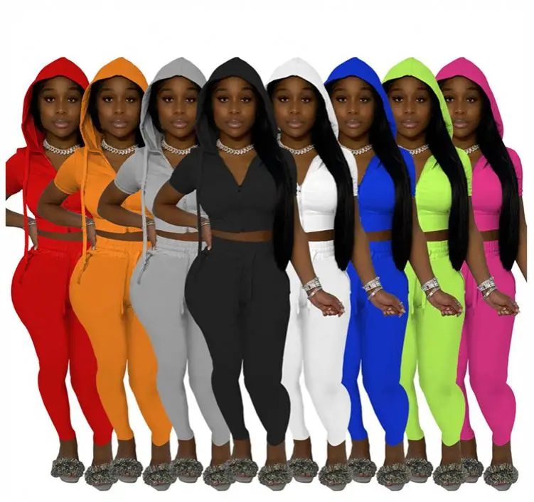 

CATHY Hot Sale Crop Top Hoodie Pants Short Sleeve Casual Summer 2 Piece Sports Jogger Workout Set Women