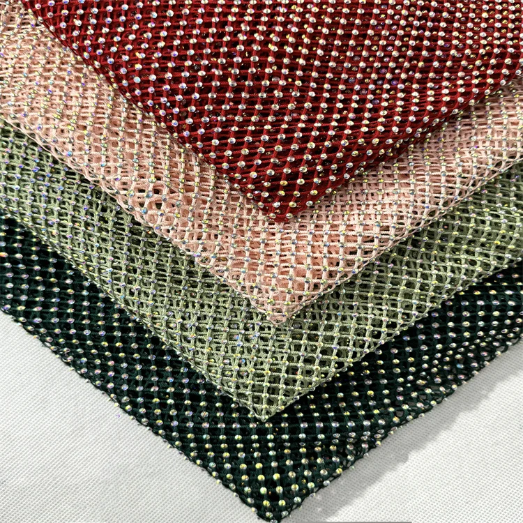 Low MOQ Custom Great Stretch Fish Net Mesh Fabric Sparkle Hollow Out Diamond AB Iridescent Crystal Rhinestone Fabric by the Yard