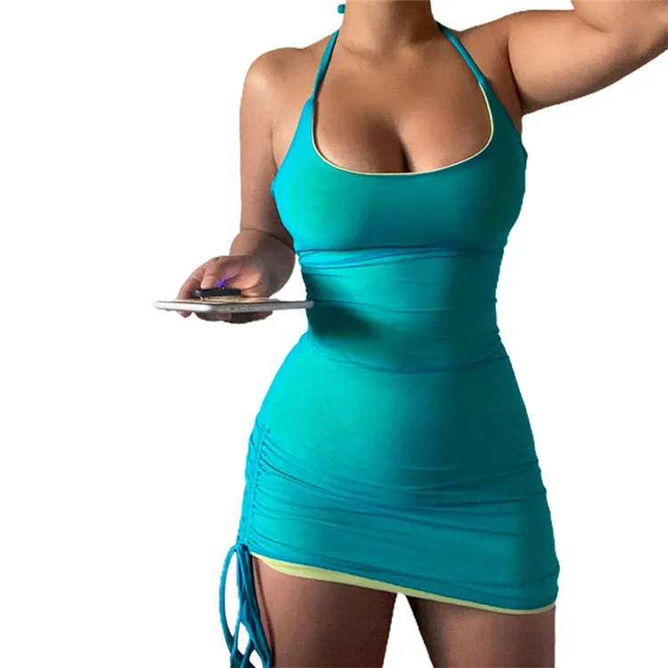 

D96716 New spring summer clothes ladies sexy dress women hung neck sexy low cut fashion strap slim bodycon dress