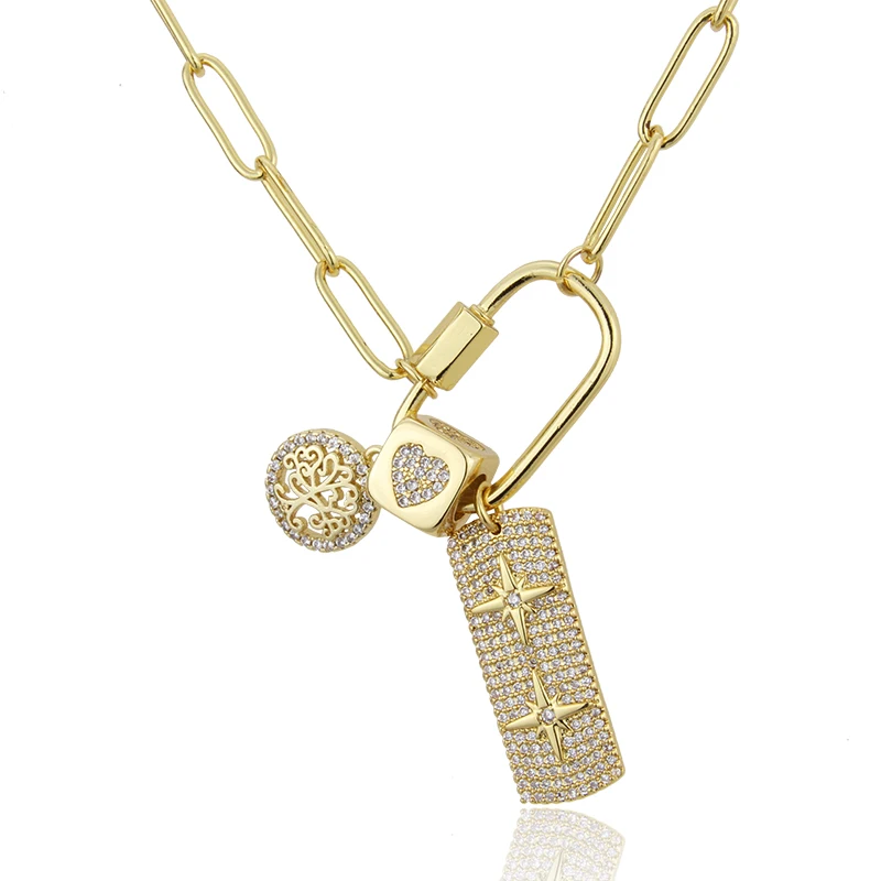 

18K Gold Plated Brass Necklace Women's Wedding Accessories White Cubic Zircon Tree Square Star Pendant Boho Fashion Jewelry, Gold color