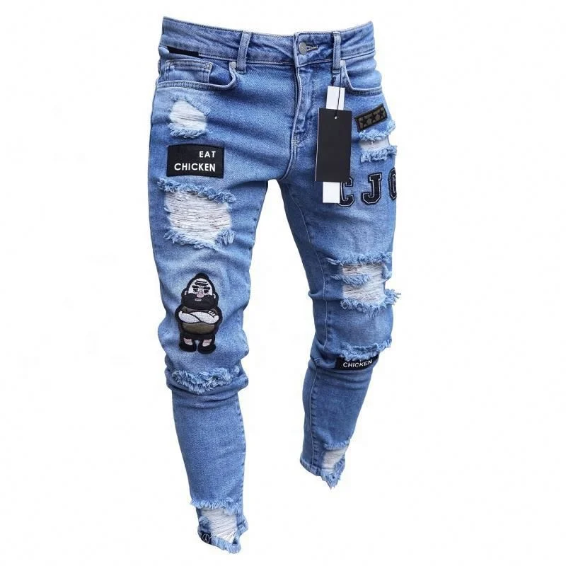 

New Style Men's Distressed Destroyed Badge Pants Art Patches Skinny Biker White Jeans Slim Trousers, Shown