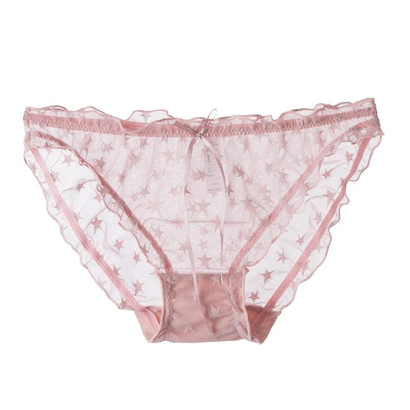 

Star net yarn panties women's pure cotton crotch girl Japanese perspective sexy panties low waist bow lace panties, 7 color