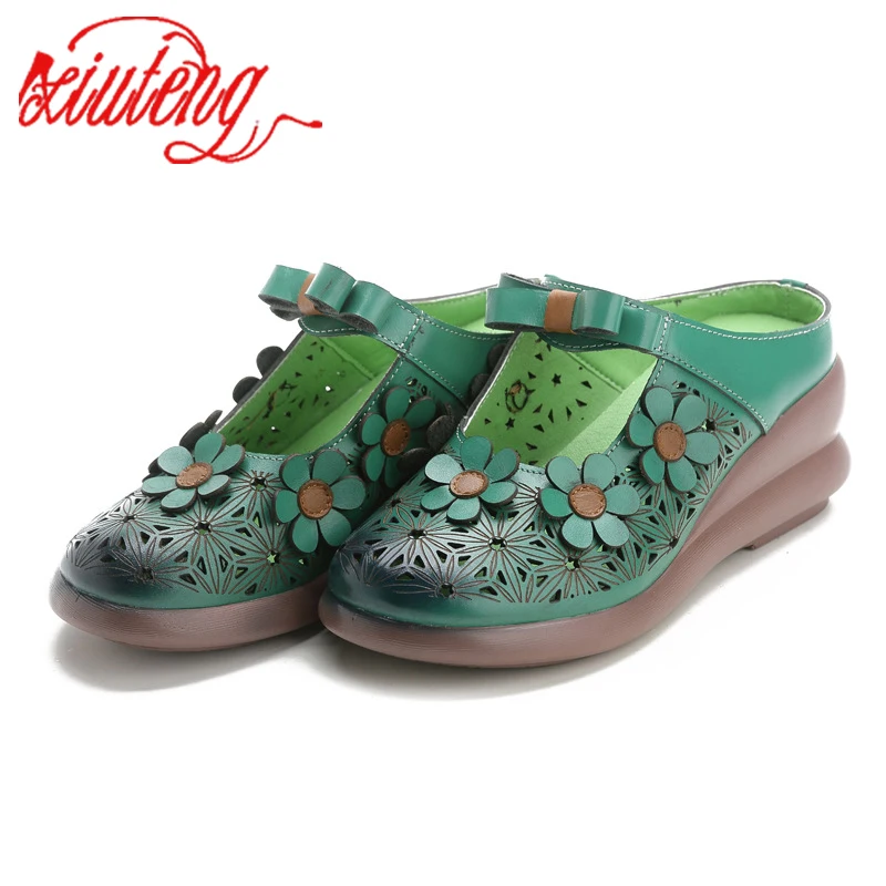 

Xiuteng Spring Handmade Cow Leather Women's Shoes Wedges Ethnic Style Flower Hollow Female Slippers Summer Breathable Sandal