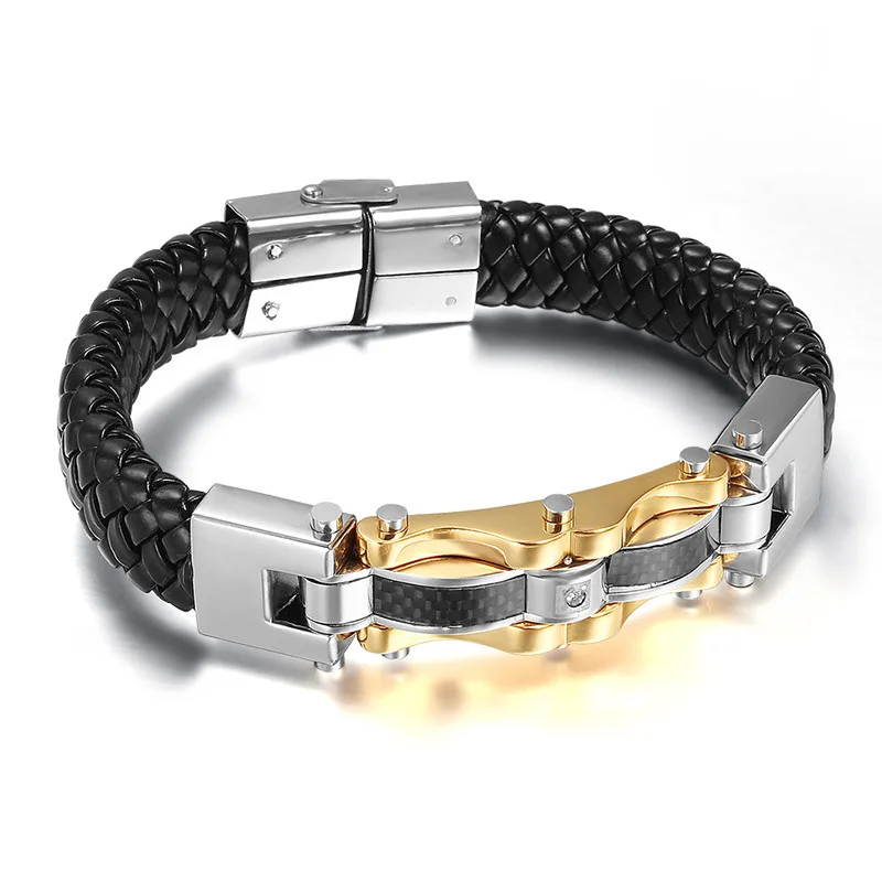 

Luxury Genuine Leather Bracelet Bangle Man Gold Color Stainless Steel Bracelet Jewelry with Carbon Fiber