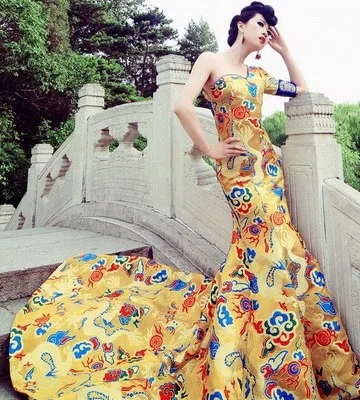 Mermaid Evening dresses 2018 long One shoulder Evening dresses luxurious embroidery chinese retro cheongsam Dragon pattern