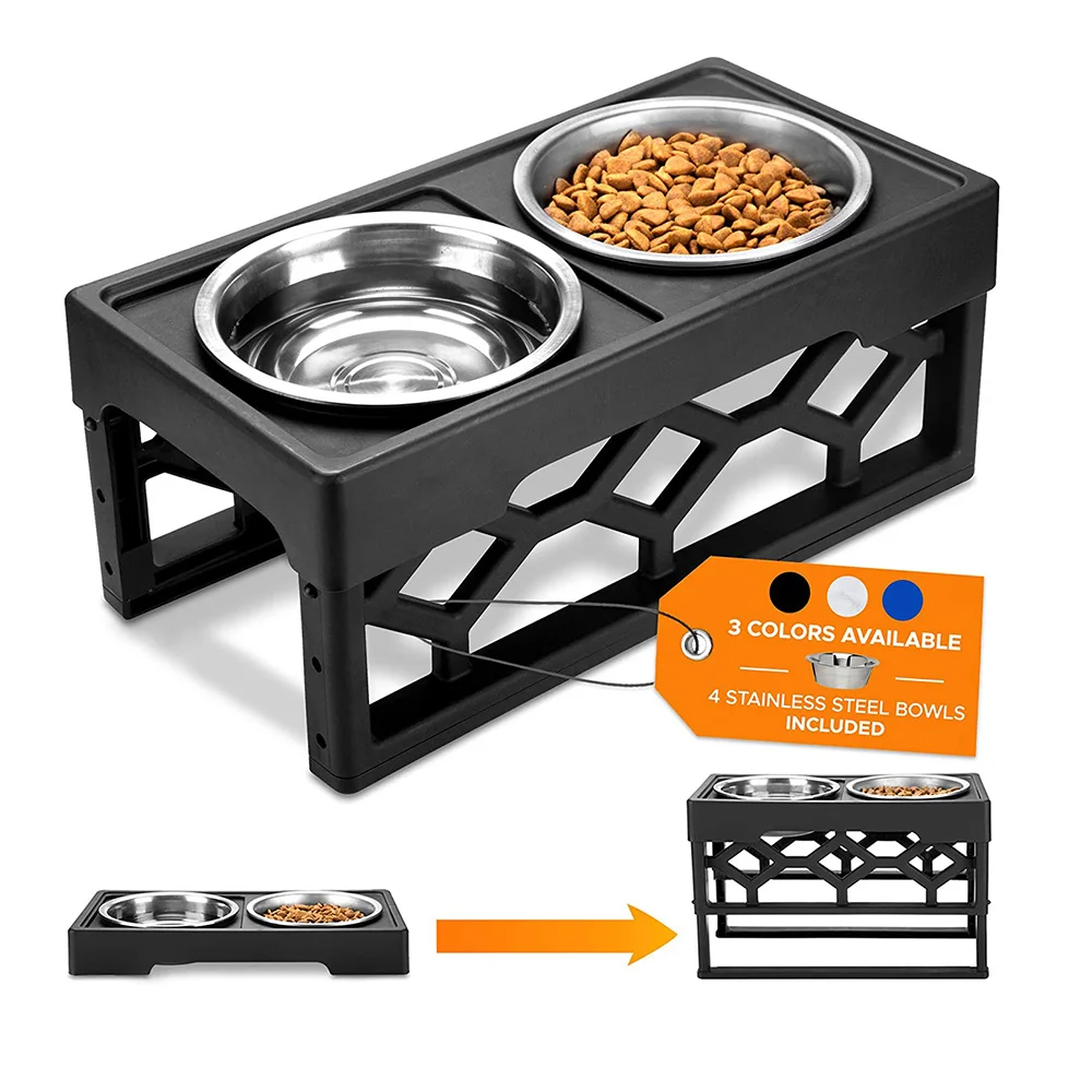 

Ikitchen Wholesale removable dog food bowl multi-functional double dog bowl stainless steel elevated dog bowls with stand, Black/white