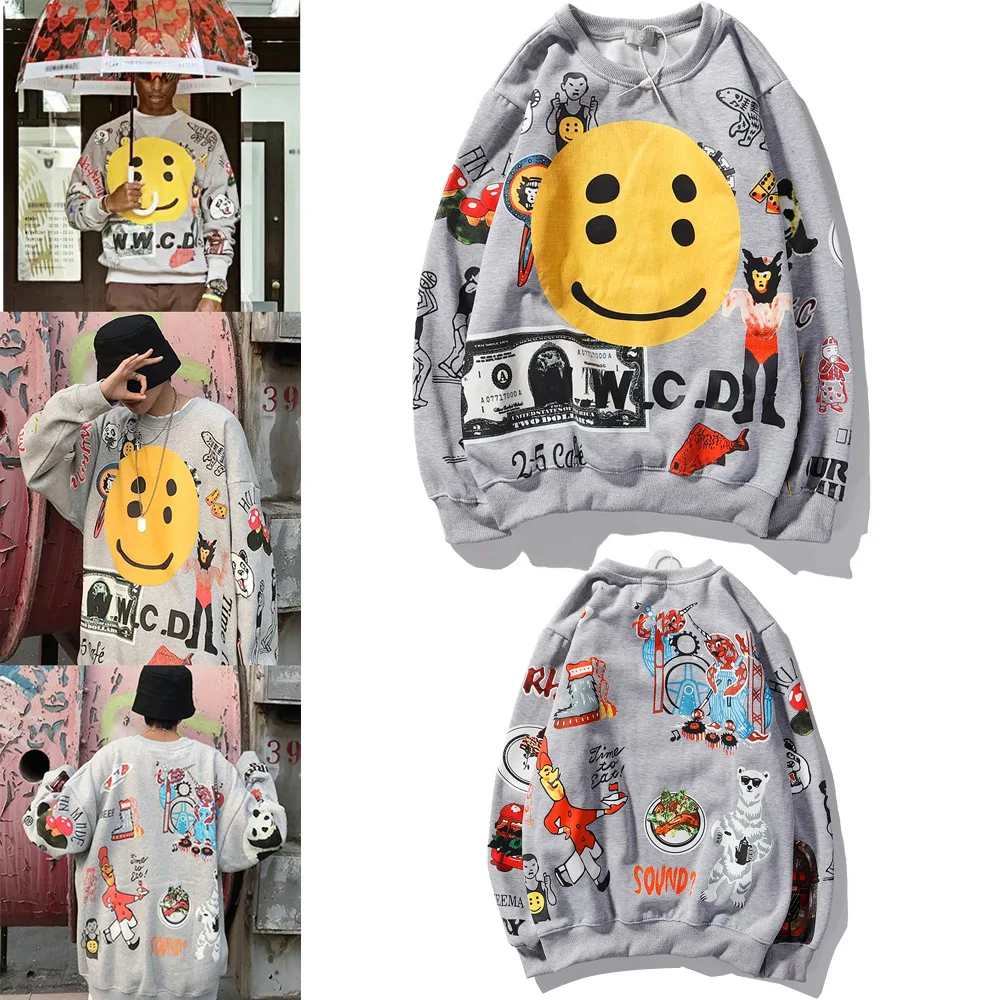 

2021 crew neck sweatshirt spring summer smile face printed cotton hip-hop trend sweatshirts unisex sweaters men hoodie