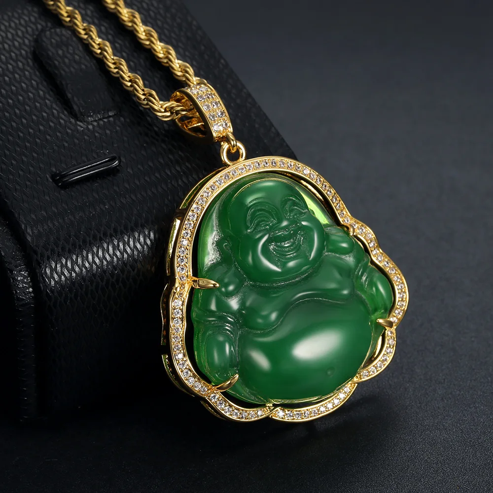 

New Hip Hop Buddhism Green CZ Laughing Maitreya Buddha Pendant Necklace Brass Iced out Zircon Resin Jade Buddha Pendant Necklace