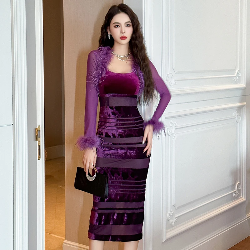 

ZYHT 40201 Sexy Perspective Long Sleeve Velvet Patchwork Midi Dress Ostrich Feathers Gown Wear Party Dress
