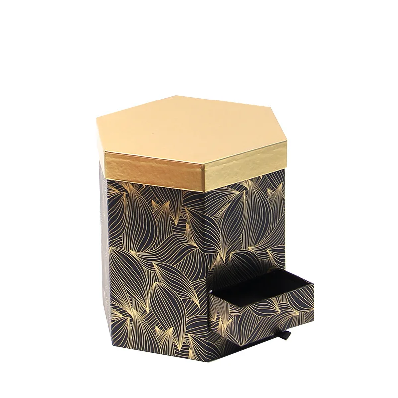 高端古铜色六边形礼品盒,烫金礼品盒,抽屉,鲜花,婚礼用手工制作的天地