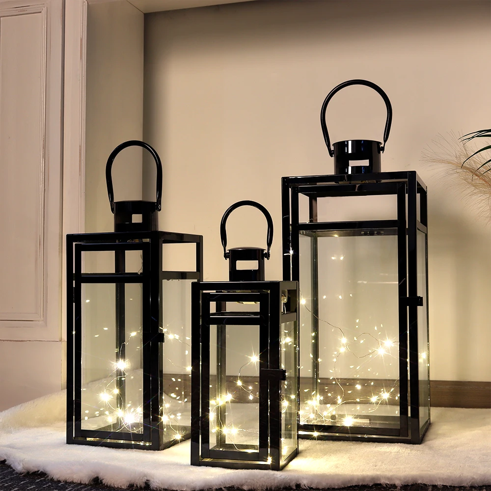 Set of 3 Modern Large Black Metal Candle Lantern Garden Hanging Metal Candle Holder Home Outdoor Empty Lanterns for Wedding