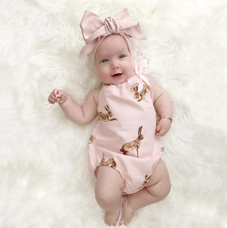 

Easter bunny print baby romper sleeveless newborn bow headband lace-up baby romper clothing backless pink romper for baby girl