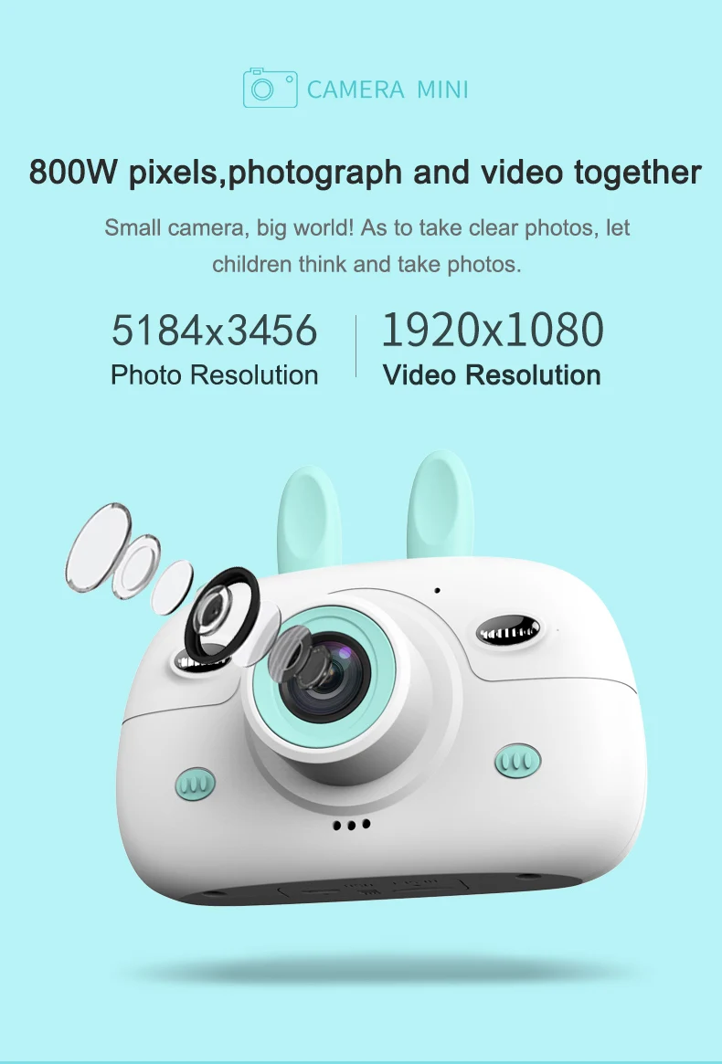 Cute A3 Kids Camera Toys 2.4 inches Digital Kids Camera Front Camera 800w Pixels Double-flashlight Support 32G