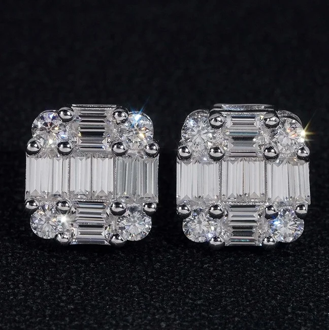 Ready to Ship Hip Hop Jewelry Pass Diamond Tester 925 Sterling Silver VVS Moissanite Diamond Classic Baguette Stud Earrings