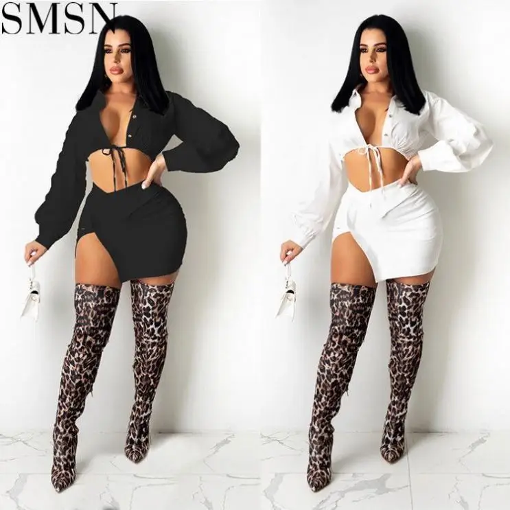 

New Arrival Long Sleeve Back Zipper Cross Bandage 2 Piece Set Women Fashion Two Piece Skirt Set