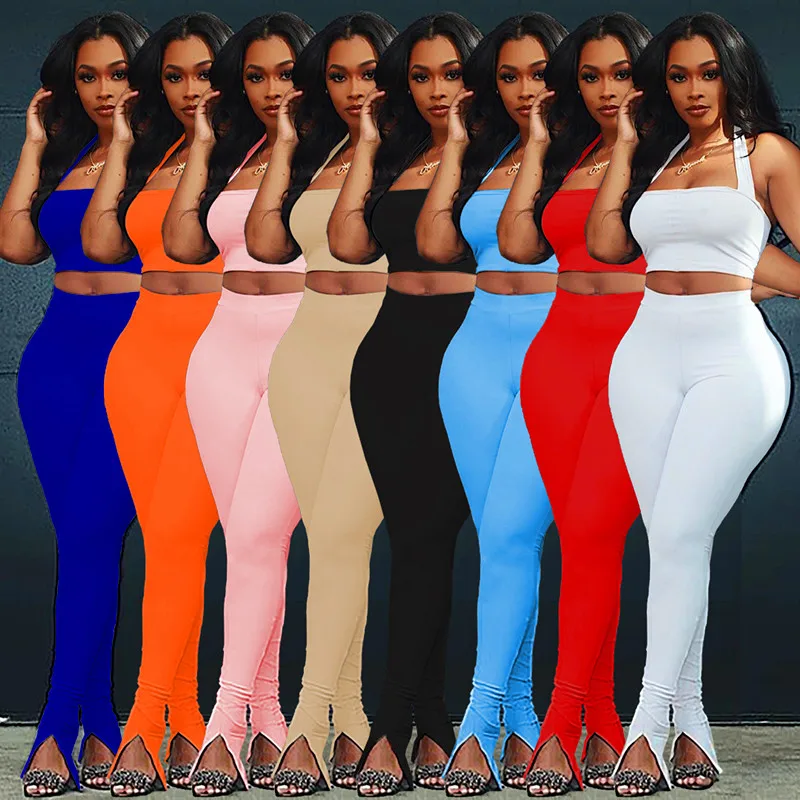 

2021 Nightclub Style 2 PCS Outfits Clothing Solid Color Hanging Neck Slim Tube Top Crop Tops Long Pants Women Two Piece Set, White,black,light blue