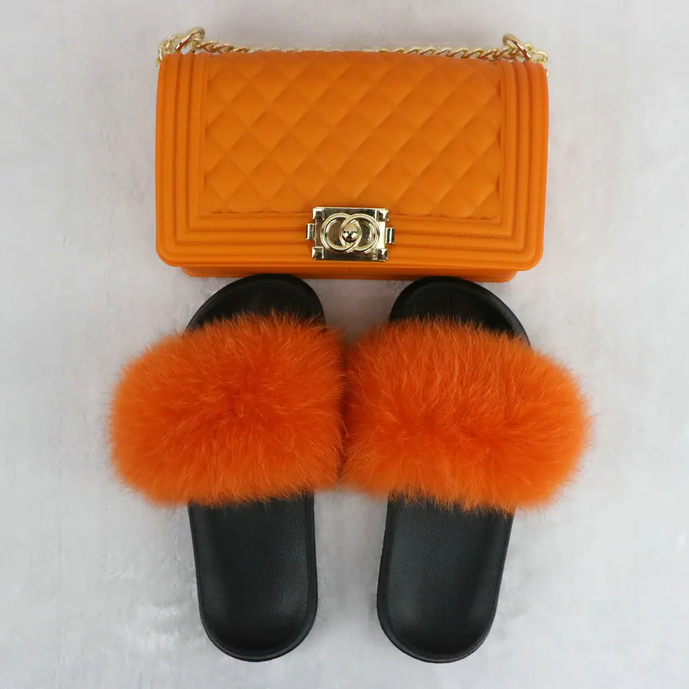 

2020 hot sale Jelly Purses with slipper shoes women custom crossbody bag fox fur slides sets