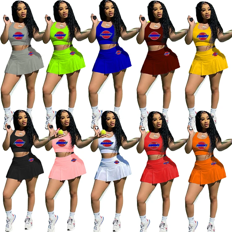 

New Arrival Sexy Crop Top Summer Sports Dickie Skirt Set Women Pleated Tennis Two Piece Skirt Set