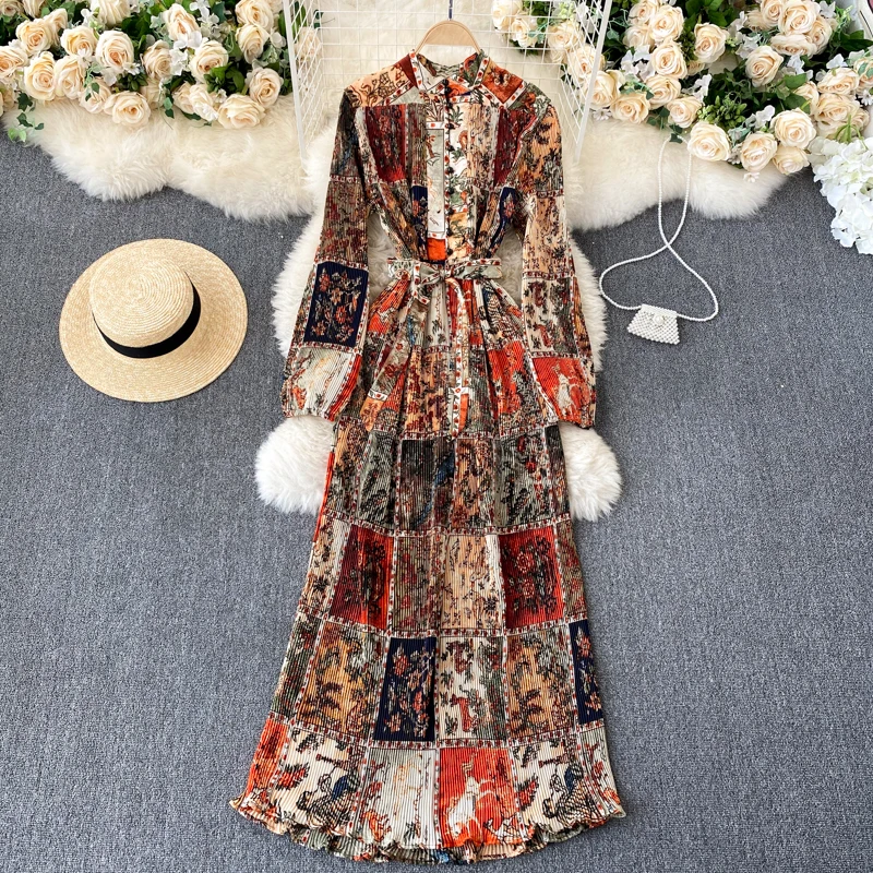

2021 muticolors spring summer ladies long sleeve dress long dress chiffon new style wrinkle printing chiffon dress, Grey