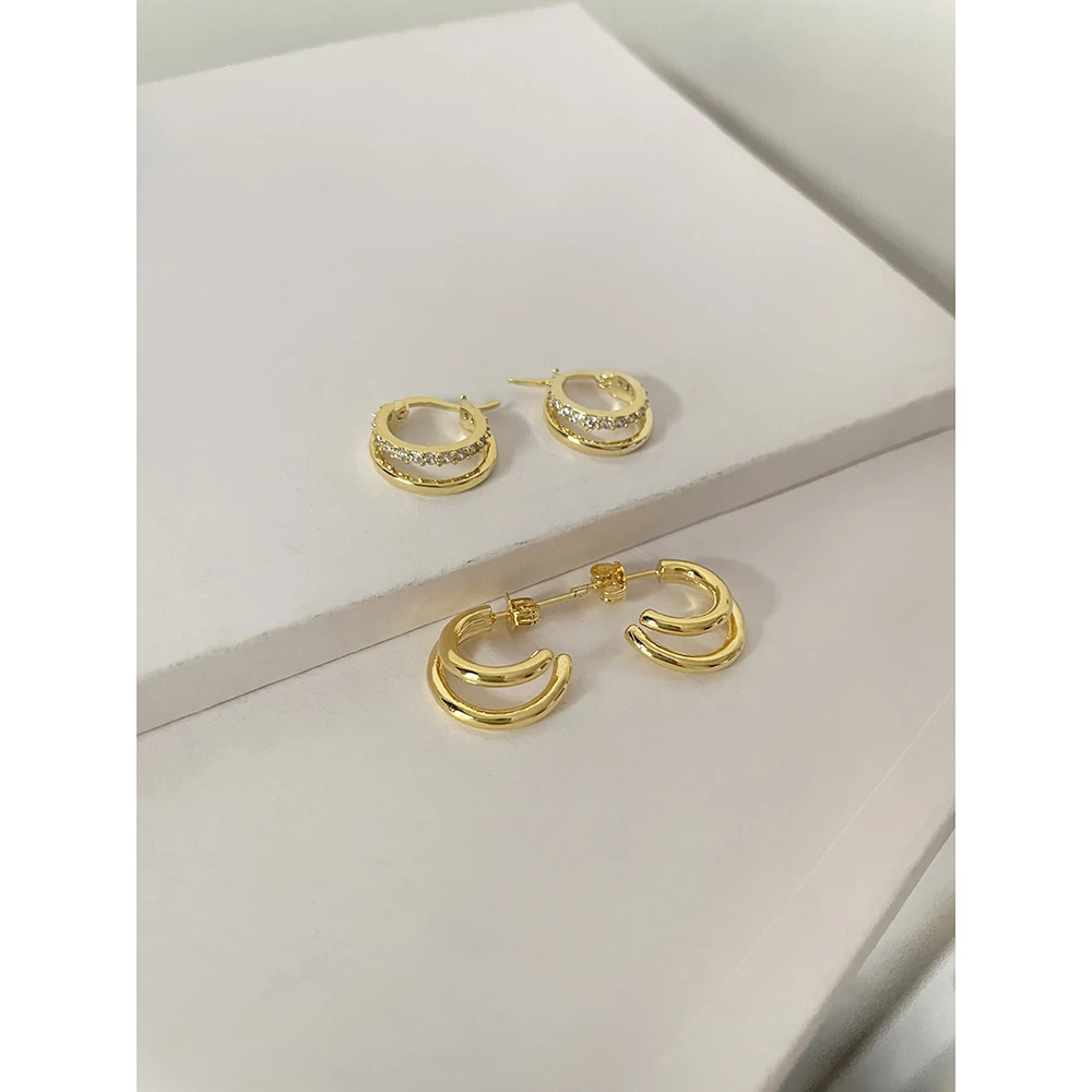 

2 Designs Double Circle Hollow Geometric Hoop Earrings Gold Plated Cubic Zircon Huggie Earrings Women Korean Minimalist Jewelry, Gold/silver