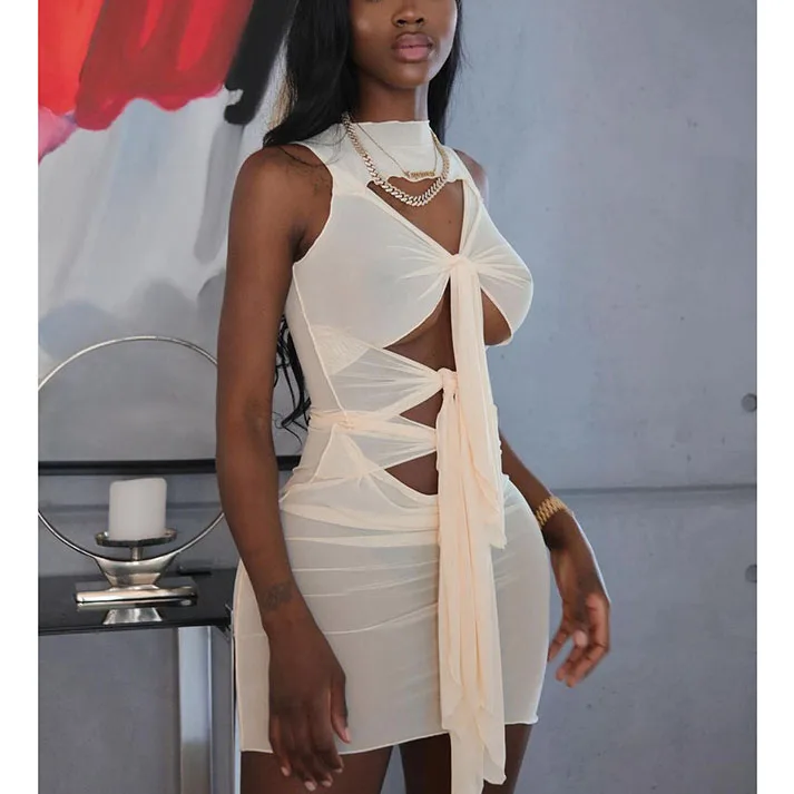 

FS2521D hollow out see through mesh bodycon casual dress mini bandage dresses