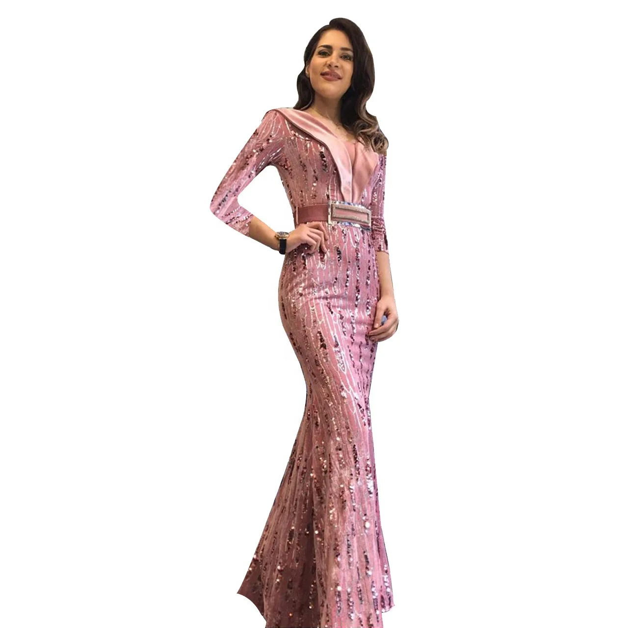 

2021 New Design Luxury Long Sleeve Patchwork Deep V-neck Buckle Belt Sequined Long Dress Women Sexy Classic Party Evening Dress