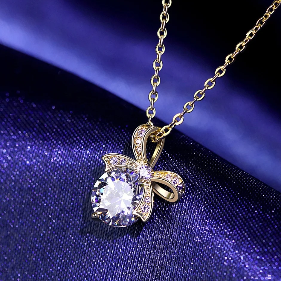 

Luxury Gold Bow Crystal Zircon Pendants Necklace Elegant Charming Women's Wedding Clavicle Chain Fashion Ladies Party Jewelry