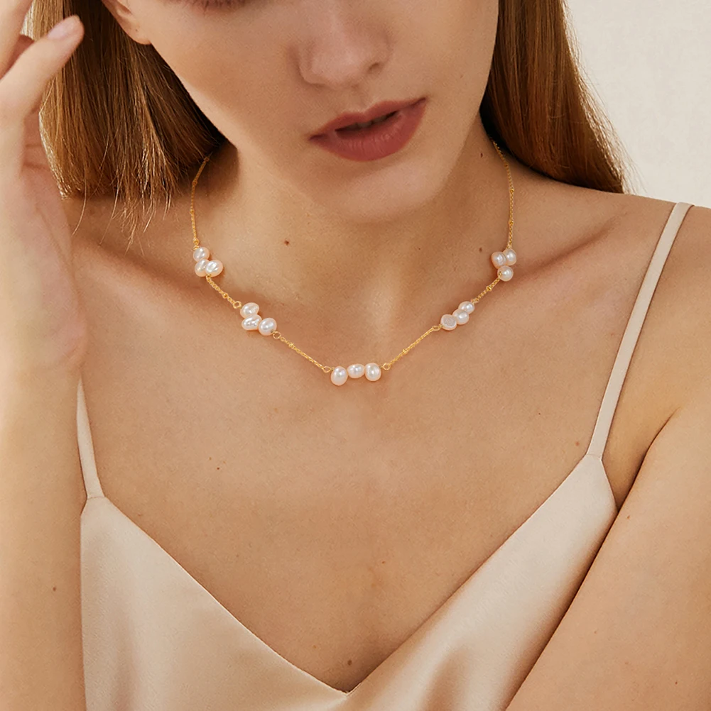 GPN47 RINNTIN Silver Pearl Choker Dainty Adjustable Necklace 14K Gold Plated Cultured Freshwater Pearl Jewelry for Women Girls