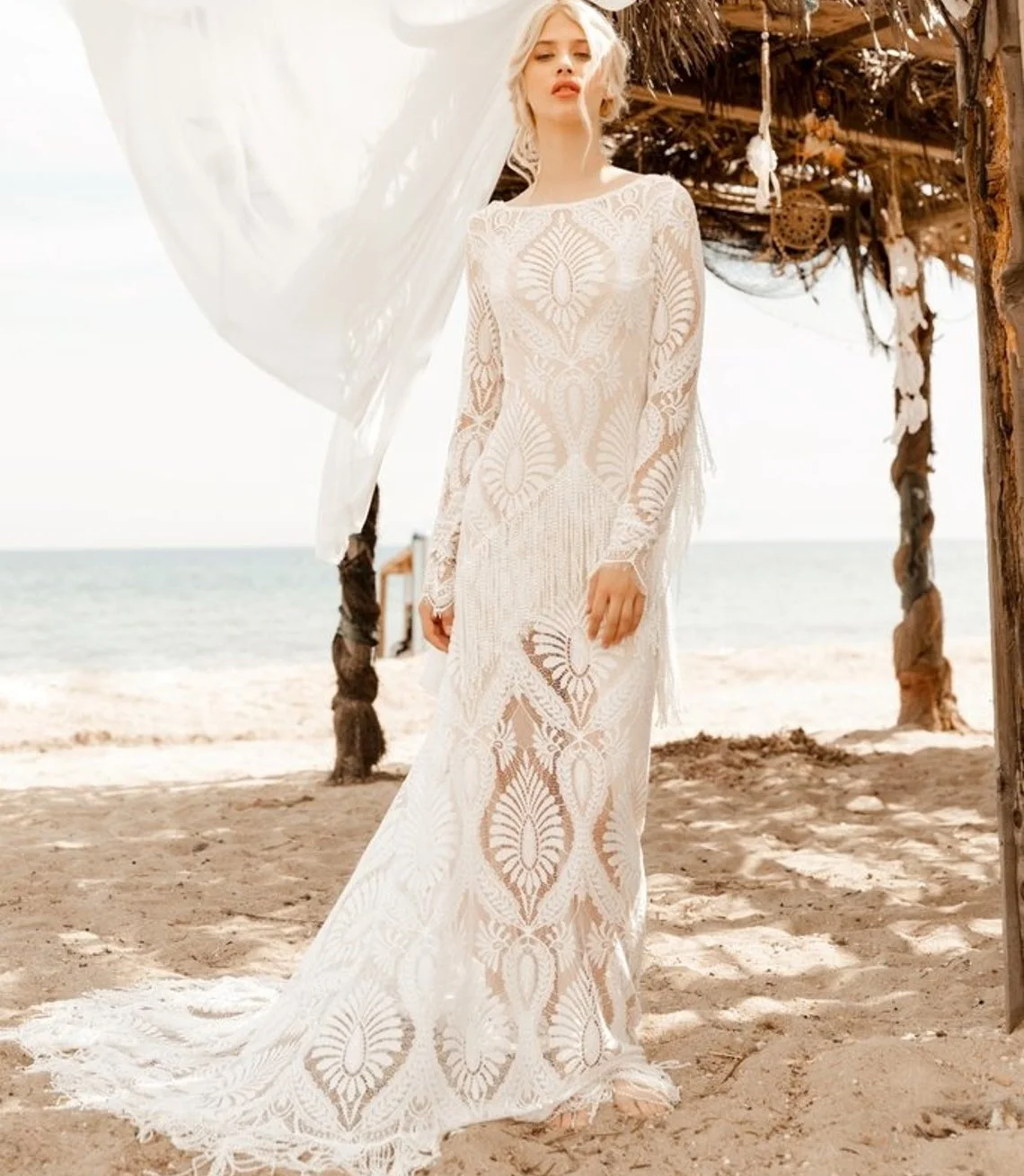 

11438#Long Tassel Sleeve Bohemian Lace Sweep Train Boho Beach Scoop Wedding Dresses Bridal Gowns Wedding Dress