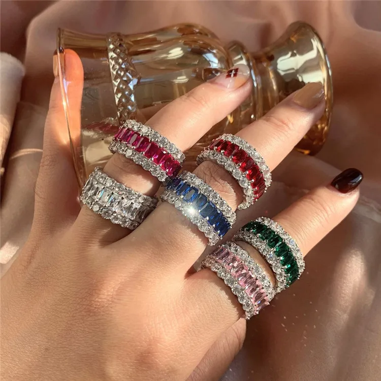 

Cross-border explosion style ring female s925 silver ring design sense niche high-end diamond emerald cut diamond ring, Picture shows
