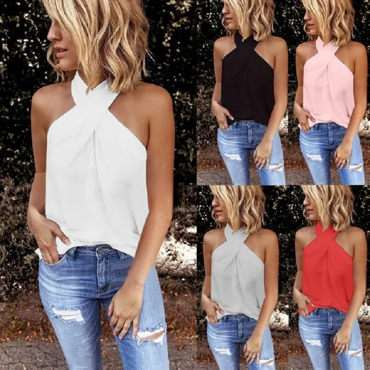 

Trending products 2021 new arrivals Fashion Women Soild Criss-Cross Ruffled Halter Zipper Blouse, Picture showed