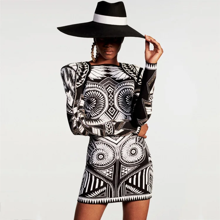 

ADYABY 2020 Spring New Geometric Pattern Retro Long Sleeve Short Streak Knit Bodycon Dress For Party