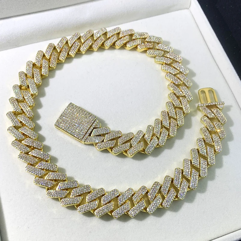 

wholesale quality 18k gold plated diamond zircon 925 sterling silver cuban link chain men necklace