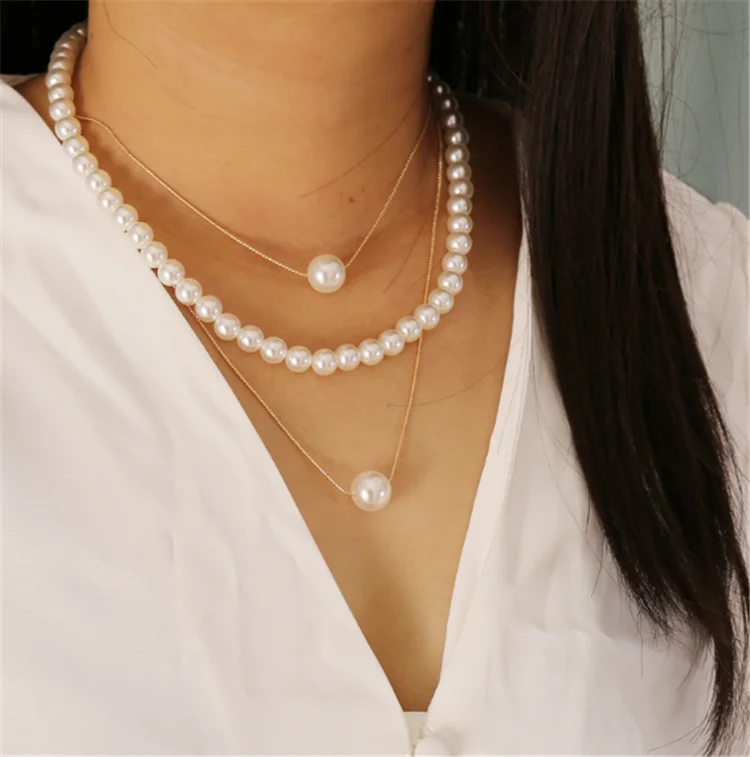

Korean Fashion Cheap Short Collar Double Pearl Luxury Necklace Women, Picture shows
