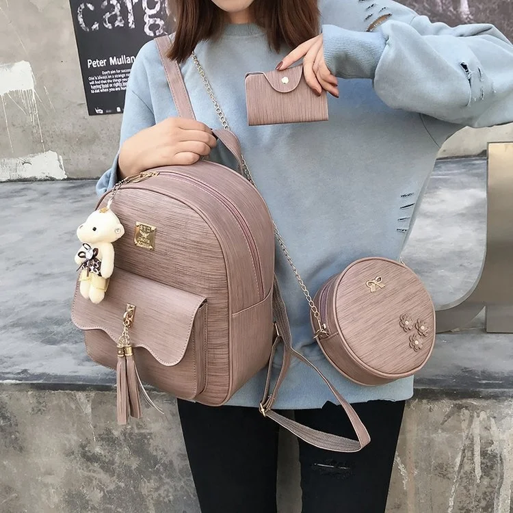 

cheap cute Korean style Pu Retro tassel 3 sets backpack school bags girls, 3 colors