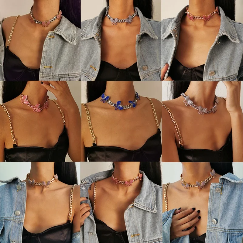 

Fashion high End Full Rhinestone Cuban Buckle Punk Exaggerated Hiphop Wind Short Necklace Clavicle Chain Butterfly Necklaces