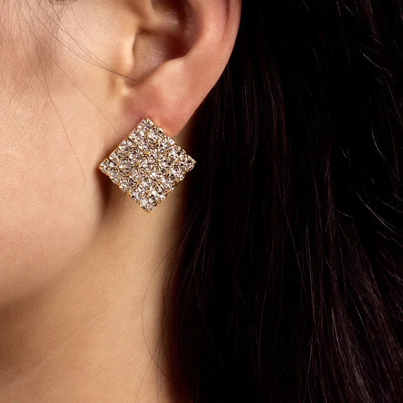 

New Jewelry Wholesale square Full Crystal Squared Earrings Vogue Men Women Fashion Rhinestone Ear Studs, Photo